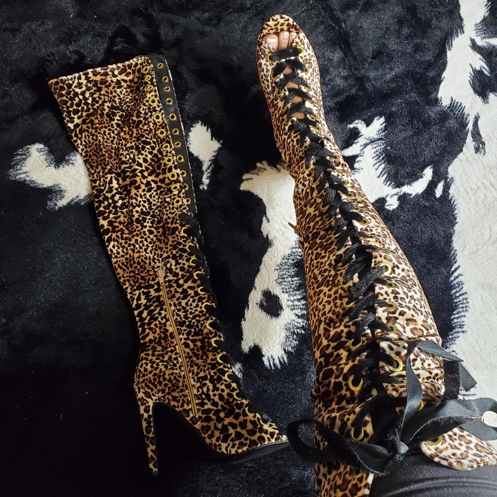 🔥SEXY🔥Camel Leopard Velvet OVER THE KNEE Boot - Picture 4 of 13